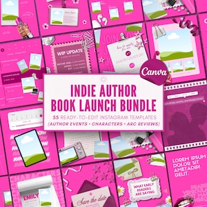 May include: A digital collection of 55 Instagram templates titled Indie Author Book Launch Bundle, featuring a vibrant pink color scheme with various layouts for author events, character profiles, and ARC reviews, including placeholders for images and text.