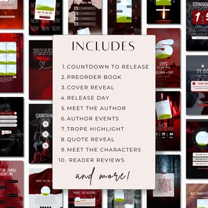 May include: A collection of digital templates with a dark red and black color scheme. The templates include countdowns, preorder book announcements, cover reveals, and author event promotions. Text includes "Includes" and a list of features.