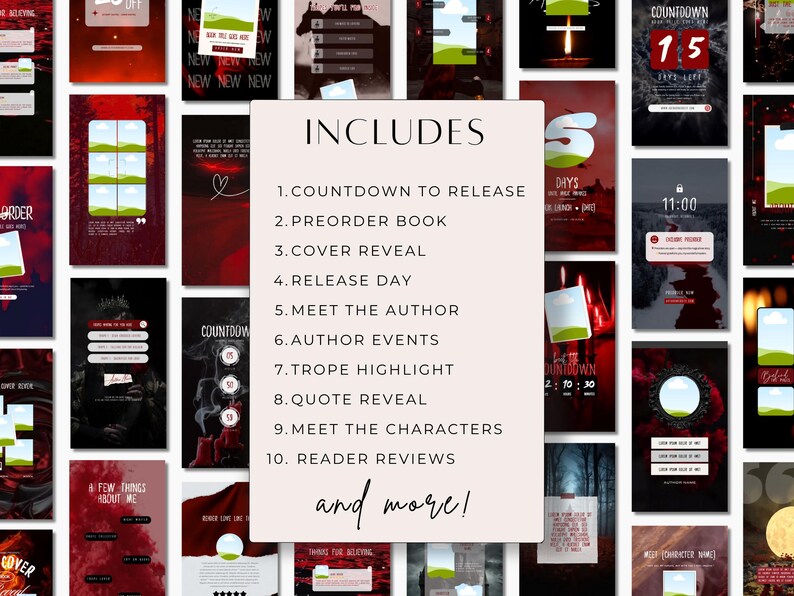 May include: A collection of digital templates with a dark red and black color scheme. The templates include countdowns, preorder book announcements, cover reveals, and author event promotions. Text includes "Includes" and a list of features.