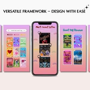 May include: A smartphone displays a book app interface with various book covers and the text "VERSATILE FRAMEWORK - DESIGN WITH EASE". The app showcases book titles like "Lightlark" and "Throne of the Fallen". The background is a soft pink.