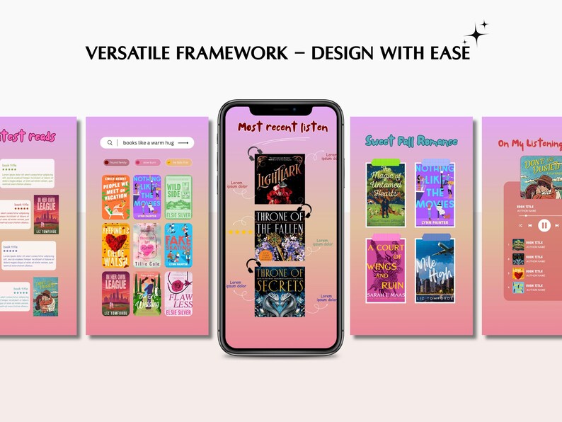 May include: A smartphone displays a book app interface with various book covers and the text "VERSATILE FRAMEWORK - DESIGN WITH EASE". The app showcases book titles like "Lightlark" and "Throne of the Fallen". The background is a soft pink.