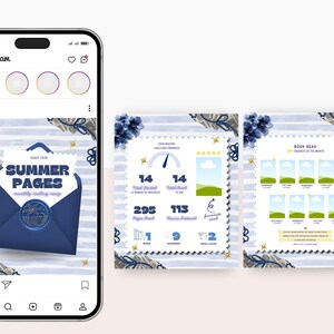 May include: A digital reading tracker template displayed on a smartphone screen and two separate sheets. The design features a blue envelope with a wax seal, star accents, and text including Summer Pages, Total Started, Total Read, and Book Read.