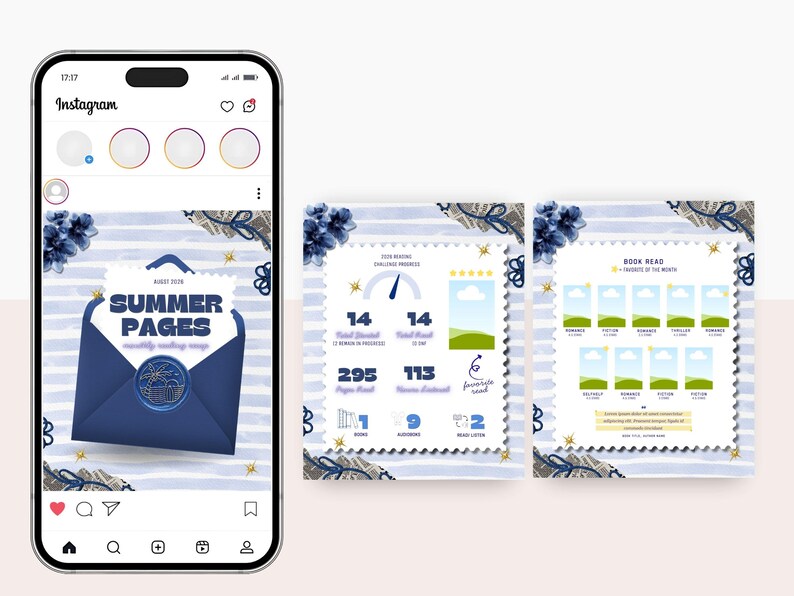 May include: A digital reading tracker template displayed on a smartphone screen and two separate sheets. The design features a blue envelope with a wax seal, star accents, and text including Summer Pages, Total Started, Total Read, and Book Read.