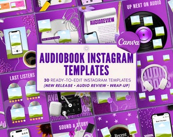 Può includere: Una collezione di modelli Instagram a tema viola per audiolibri, caratterizzata da vari layout con icone di cuffie, smartphone, dischi in vinile e CD. Il testo centrale recita AUDIOBOOK INSTAGRAM TEMPLATES.