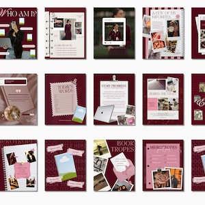 May include: A collection of burgundy-colored digital journal pages with white and pink accents. The pages feature text, photos, and graphics related to writing, including "About the Author," "Writing Process," and "Tropes Reveal."