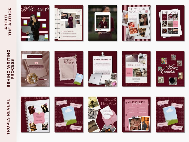 May include: A collection of burgundy-colored digital journal pages with white and pink accents. The pages feature text, photos, and graphics related to writing, including "About the Author," "Writing Process," and "Tropes Reveal."