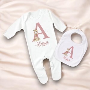 Personalized Baby Bib and Bodysuit Set - Named Baby Bibs and Sleepsuits for Newborn Babies, Baby Gifts, New Mom Gift