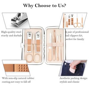 K&ouml;nnte beinhalten: Ein Manik&uuml;re-Set in einem beigen Etui. Das Set enth&auml;lt Nagelknipser, Scheren, Pinzetten und andere Werkzeuge. Der Text im Bild lautet "Warum uns w&auml;hlen?" und "Hochwertiger Stahl, robust und langlebig."