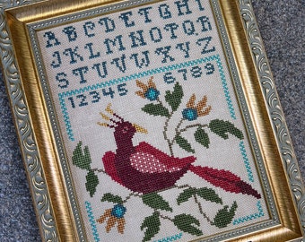 PDF - Red Bird Sampler - Cross Stitch Pattern - CS57 - Counted Cross Stitch, Needlework - Rose Clay / Three Sheep Studio