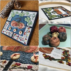 May include: A close-up of a completed needlepoint project featuring a pumpkin, vines, and leaves. The project is framed in a square shape and has a brown background. The project is surrounded by a variety of colorful yarn balls.