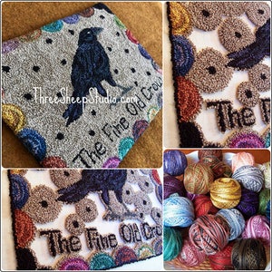 May include: A close-up of a needlepoint project depicting a crow with the text "The Fine Old Crow" and a variety of colorful yarn balls.