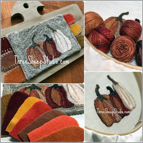 May include: A close-up of a needlepoint project featuring three gourds in shades of brown, orange, and white. The gourds are stitched on a light grey background. The project is displayed on a wooden chopping board with a variety of felt scraps in shades of brown, orange, and yellow. The text "Three Sheep Studio.com" is visible on the chopping board.