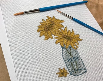 Needlepoint Canvas - Hand Painted - 'Simply Sunflowers' - Hand Embroidery
