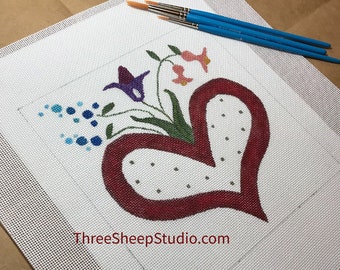 Needlepoint Canvas - Hand Painted - 'Heart and Flowers' - Hand Embroidery