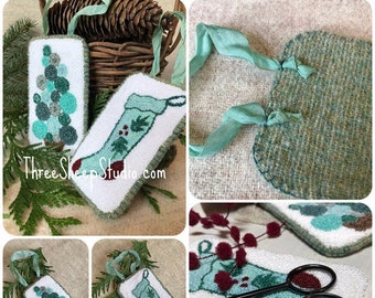 Retro Christmas Stocking and Bubble Tree - Punch Needle Pattern - #PN615 - Needlepunch Embroidery - Christmas Ornament / Gift Tag