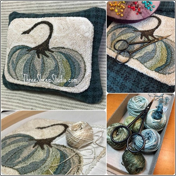 May include: A teal and white cushion with an embroidered design of a stylised pumpkin with a brown stem. The cushion is on a striped fabric surface. The image also shows a close-up of the embroidery, yarn, and embroidery scissors.