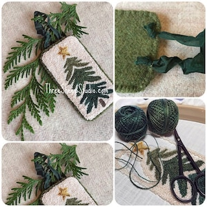 May include: A green felt Christmas tree ornament with a gold star on top. The ornament is hand-stitched and has a green ribbon attached. The image also shows the supplies needed to make the ornament, including green yarn, scissors, and a hoop.