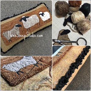 May include: A close-up of a hand-stitched wool rug depicting three sheep. The rug is brown, white, and black. The rug is framed with a black ruffle and is being stitched with a needle and brown yarn. The image also shows a close-up of the yarn used to create the rug, as well as a finished rug with a black ruffle.