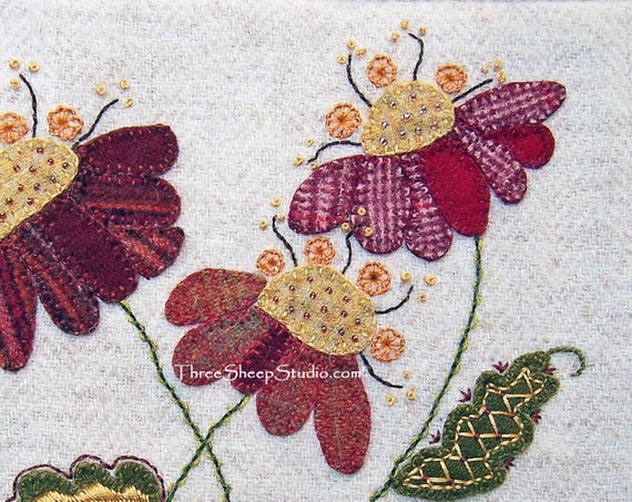 KIT Jacobean Flower Wool Applique, Hand Embroidery / KIT / Jac 013 
