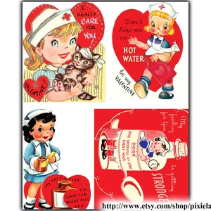 May include: Four vintage Valentine's Day cards featuring illustrations of nurses with different messages. The cards are red with white hearts and feature the text "I really care for you", "Don't keep me in hot water", "Be my Valentine", and "My feeling for you is getting stronger".