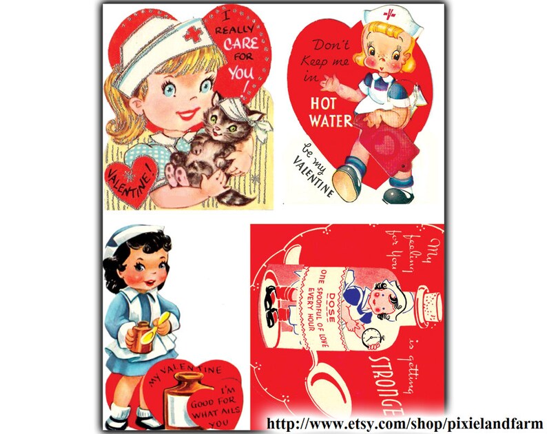 May include: Four vintage Valentine's Day cards featuring illustrations of nurses with different messages. The cards are red with white hearts and feature the text "I really care for you", "Don't keep me in hot water", "Be my Valentine", and "My feeling for you is getting stronger".