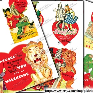 May include: Vintage Valentine's Day cards featuring characters from The Wizard of Oz. The cards have heart-shaped designs with illustrations of the Tin Man, Scarecrow, Lion, Dorothy, and the Wizard. Text includes phrases like "Come with me" and "Be my Valentine."