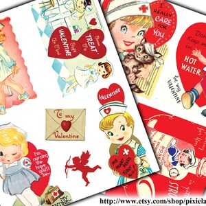 May include: A collection of vintage Valentine's Day cards featuring nurses, hearts, and sweet messages. The cards are printed on thick paper with a glossy finish. The cards are perfect for adding a touch of vintage charm to your Valentine's Day decorations.