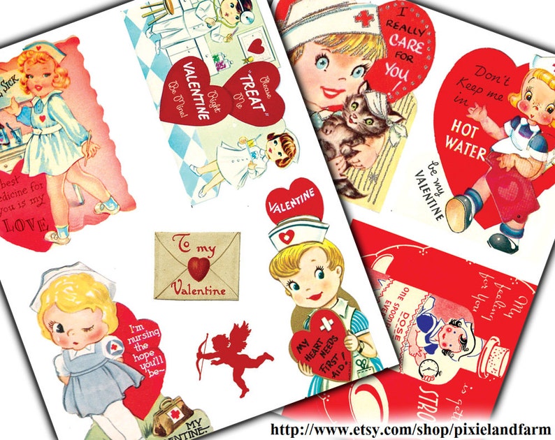 May include: A collection of vintage Valentine's Day cards featuring nurses, hearts, and sweet messages. The cards are printed on thick paper with a glossy finish. The cards are perfect for adding a touch of vintage charm to your Valentine's Day decorations.