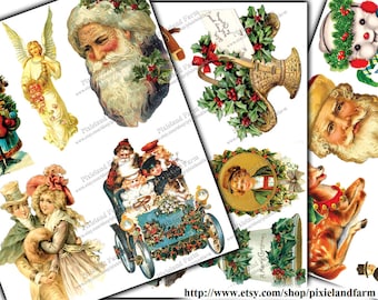 Puede incluir: Un collage digital de imágenes navideñas vintage, que incluye a Papá Noel, un ángel de Navidad, un reno, un árbol de Navidad, un coche y una cesta de acebo.