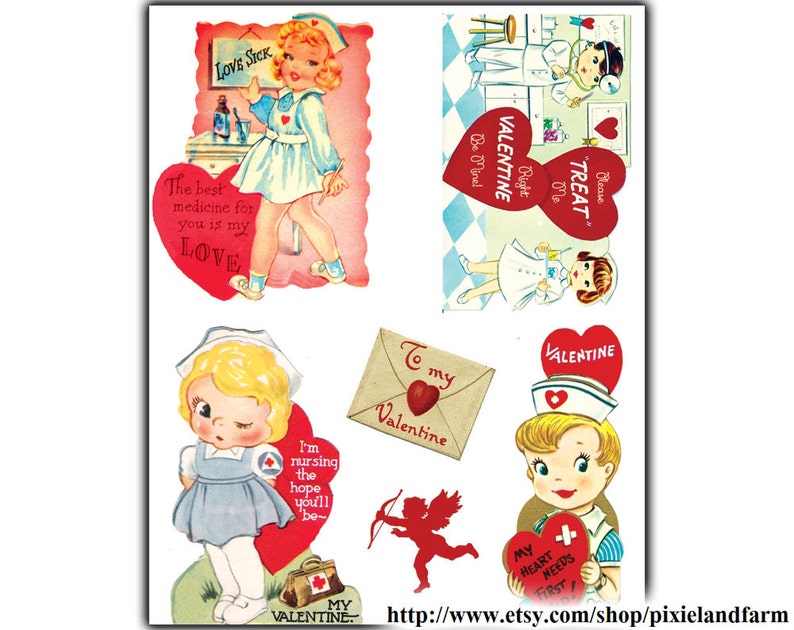 May include: Vintage Valentine's Day cards featuring illustrations of nurses with hearts and the text "Love Sick", "The best medicine for you is my LOVE", "Treat Me", "Valentine", "To my Valentine", "My Heart Needs First Aid", and "I'm nursing the hope you'll be-."