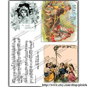 May include: A vintage collage of images celebrating May Day. The top left image features a young girl wearing a crown and surrounded by flowers. The top right image shows children riding a cart pulled by a dog. The bottom left image is a sheet of music with the title "Le Joli Mois de Mai". The bottom right image shows children dancing around a Maypole.