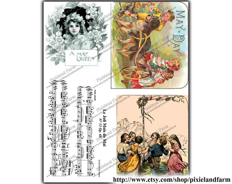 May include: A vintage collage of images celebrating May Day. The top left image features a young girl wearing a crown and surrounded by flowers. The top right image shows children riding a cart pulled by a dog. The bottom left image is a sheet of music with the title "Le Joli Mois de Mai". The bottom right image shows children dancing around a Maypole.