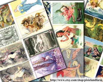 May include: A collage of vintage illustrations featuring mermaids, sea creatures, and underwater scenes. The images are in various styles and colors, including black and white, sepia tones, and vibrant hues. Some of the mermaids are depicted with long flowing hair, while others have short, pixie-like cuts. The sea creatures include fish, crabs, and seahorses. The underwater scenes are filled with coral reefs, seaweed, and bubbles.