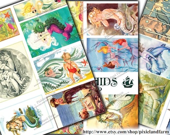May include: A collage of vintage illustrations featuring mermaids, sea creatures, and ocean scenes. The images are printed on paper and have a whimsical, retro style. The collage includes a variety of colors, including blue, green, pink, and yellow.