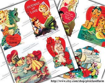 May include: A set of vintage Valentine's Day cards featuring a nautical theme. The cards feature mermaids, seahorses, and other sea creatures. The cards are printed on thick paper and have a glossy finish. The text on the cards includes phrases like "Oceans of Love", "You Sea There Is No Horse", "Be Mine", "To My Valentine", "I Would Treasure Your Heart", and "You Mermaid, Water You Going To Do About It?"