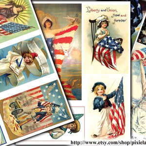 May include: A collection of vintage patriotic images featuring the American flag, stars, and children. The images are in a collage style and include text such as "Liberty and Union, Now and forever".