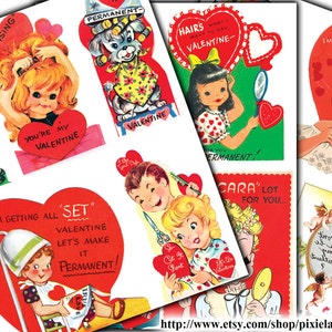 May include: A set of vintage Valentine's Day cards featuring illustrations of children and animals. The cards are printed on white paper with red hearts and text that says "You're my Valentine", "I'm getting all set", "Let's make it permanent", "Hairs what I want to say Valentine", "I'm not worth a Valentine", "Cara' lot for you..." and "Permanent".