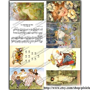 May include: A collage of vintage illustrations featuring a musical score, a fairy scene, children playing, and a woman in a floral dress. The musical score is titled "Le Joli Mais de Mai" and includes the number "13 Op. 68".