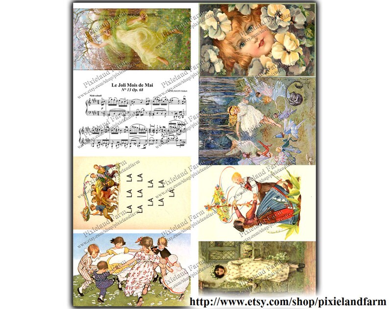 May include: A collage of vintage illustrations featuring a musical score, a fairy scene, children playing, and a woman in a floral dress. The musical score is titled "Le Joli Mais de Mai" and includes the number "13 Op. 68".