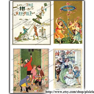 May include: Four vintage illustrations of children celebrating May Day. The first image shows children raising a maypole. The second image shows children dancing around a maypole. The third image shows children delivering flowers. The fourth image shows children in a procession.