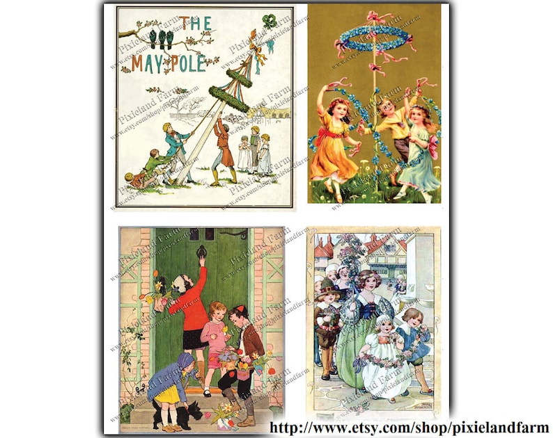 May include: Four vintage illustrations of children celebrating May Day. The first image shows children raising a maypole. The second image shows children dancing around a maypole. The third image shows children delivering flowers. The fourth image shows children in a procession.