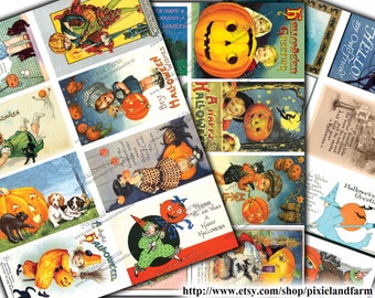 May include: A collection of vintage Halloween postcards featuring illustrations of pumpkins, witches, and children in costumes. The postcards have greetings such as "A Happy Hallowe'en" and "Best Halloween Wishes".