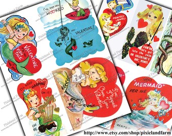 May include: A set of vintage Valentine's Day cards featuring mermaid illustrations. The cards are printed on red and blue paper with hearts and fish designs. The text on the cards includes "It's No Fish Tale", "I've Got You Hooked", "My Valentine", "I've Flipped Over You Valentine", "Come On, Let's Get Into The Swim On Valentine's Day, Honey", "I'll Keep Harping On It", and "You Mermaid Fer Me".