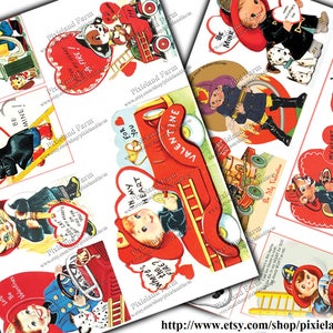 May include: Vintage Valentine's Day cards featuring a firefighter theme. The cards are red, white and blue with illustrations of firefighters, fire engines and hearts. The text on the cards includes phrases like "Be Mine", "My Heart is Burning for You", and "You're My Flame".