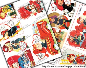 May include: Vintage Valentine's Day cards featuring a firefighter theme. The cards are red, white, and blue with illustrations of firefighters, fire trucks, and hearts. The text on the cards includes phrases like "Be Mine", "My Heart is Burning for You", and "You're My Flame".