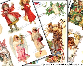 Puede incluir: Un collage digital de ilustraciones navideñas vintage con ángeles, niños, renos y un trineo de Navidad. Las imágenes están en una variedad de colores, incluyendo rojo, verde, azul y dorado.