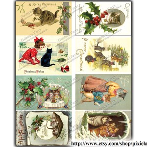 May include: A vintage Christmas card collage featuring cats, holly, and festive greetings. The cards are decorated with illustrations of cats in various poses, including a cat wearing a red bow, a cat sitting on a table, and a cat looking out a window. The cards also feature holly sprigs with red berries and the text "A Merry Christmas", "Christmas Wishes", and "A Happy Christmas".
