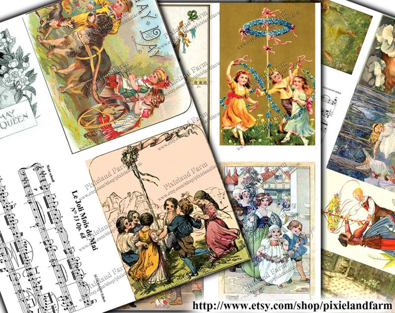 May include: A collage of vintage illustrations featuring children celebrating May Day. The images include a maypole, a dog pulling a cart, and children dancing around a maypole. The text "May Day" and "Le Joli Mois de Mai" are visible in the images.
