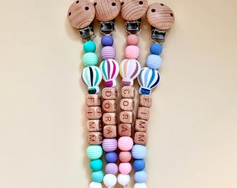 Personalized Pacifier Clip, Custom Baby shower Gift, Babygirl Binky Holder, Wooden Babyboy Dummy Chain, Newborn Gift, Custom Soother Clip