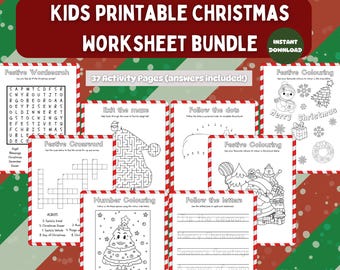 May include: A printable Christmas worksheet bundle for kids with 37 activity pages, including a word search, crossword, maze, connect the dots, number coloring, and letter tracing activities. The worksheets feature festive Christmas themes and are perfect for holiday learning.